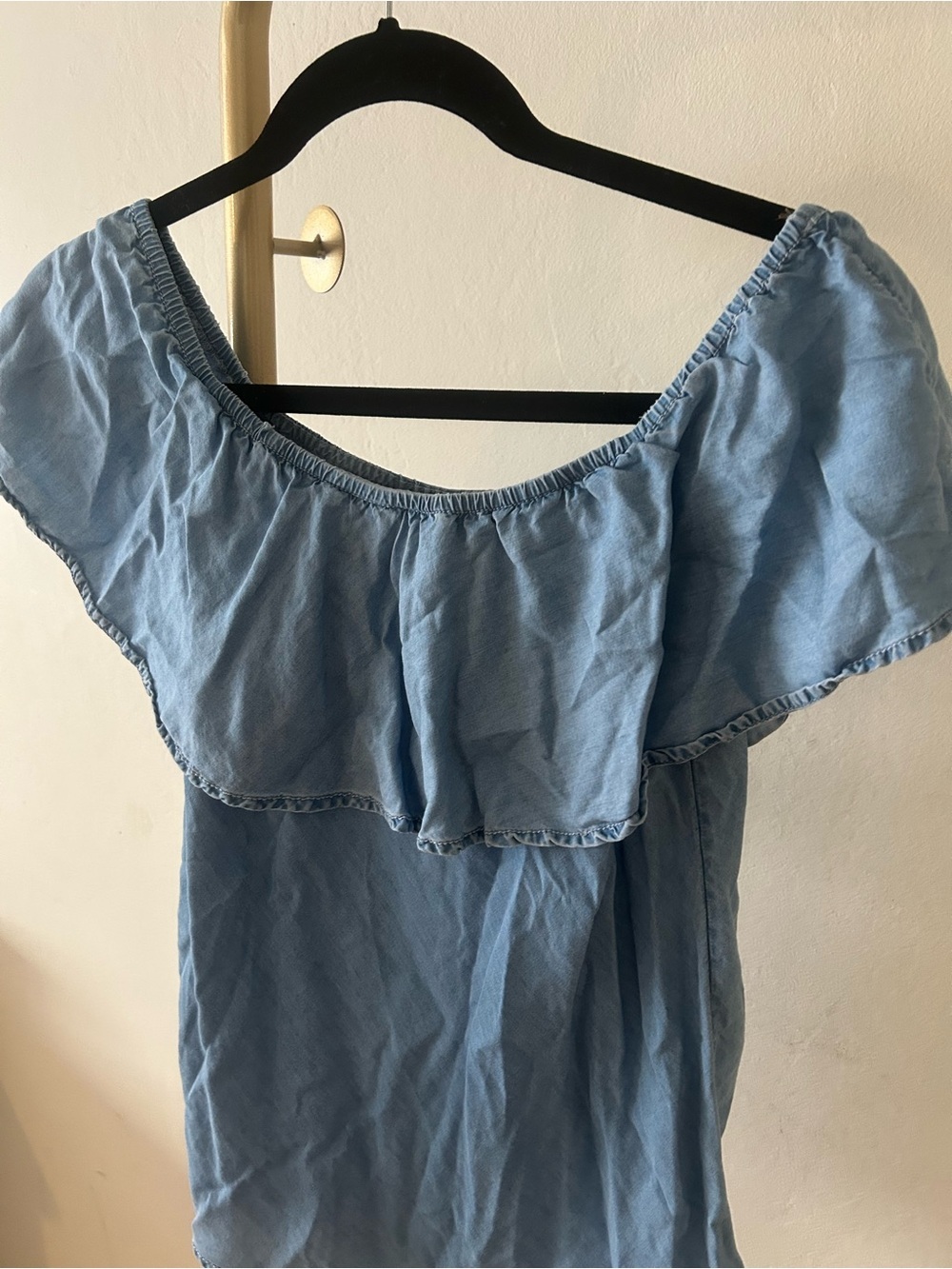 American Rag Chambray Off Shoulder Ruffle Top Blue Boho Peasant Blouse XS